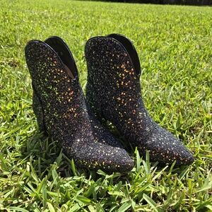 Sparkling Black Glitter Ankle Boots — Statement Sparkle Heels